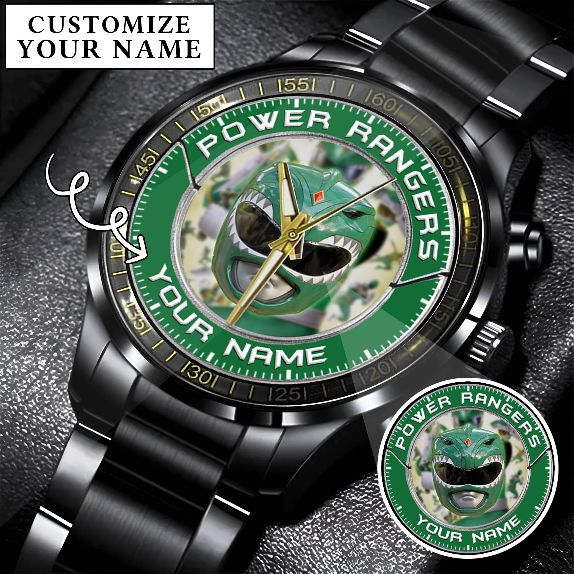 Mighty Morphin Power Rangers Green Ranger Helmet Custom Name Watch