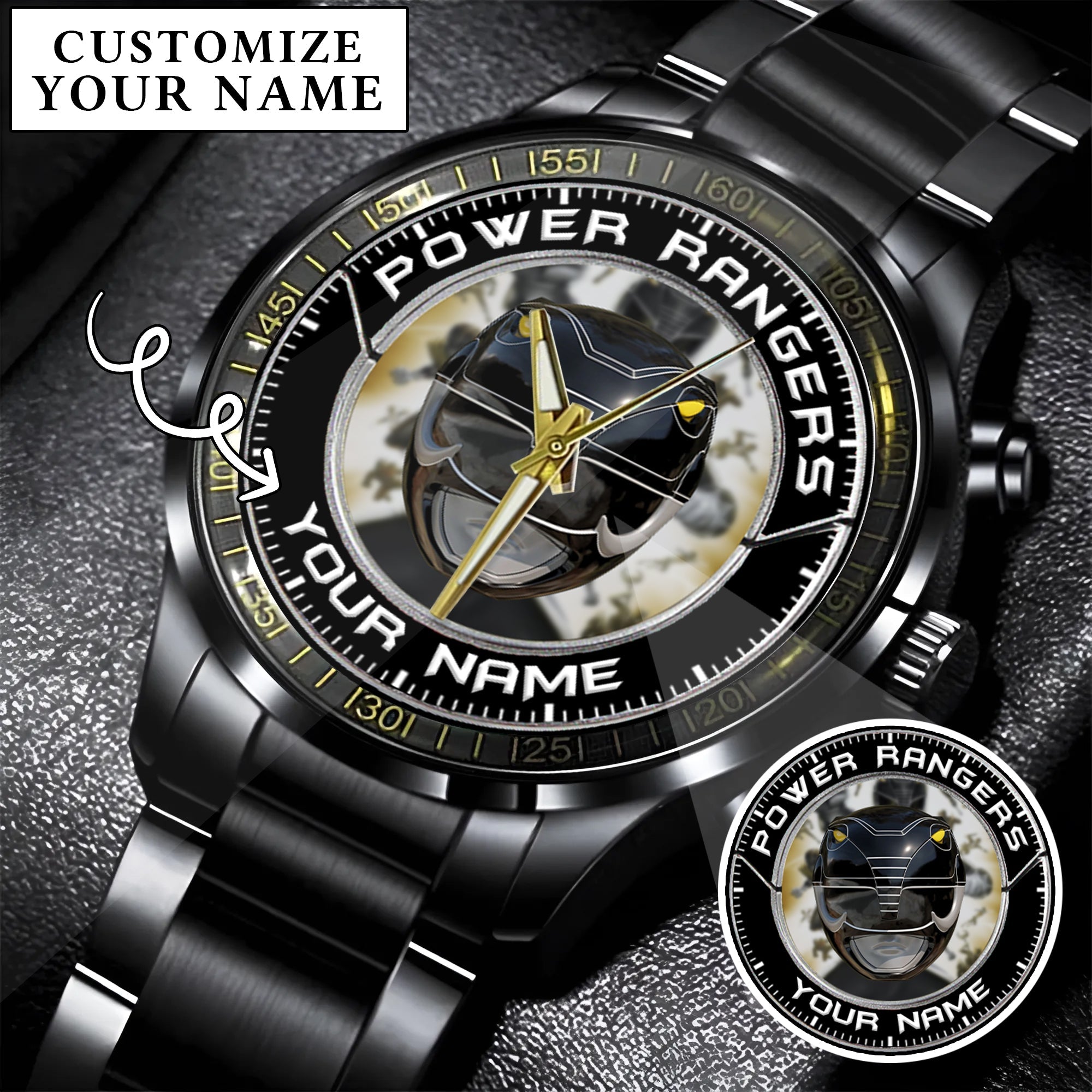 Mighty Morphin Power Rangers Black Ranger Helmet Custom Name Watch