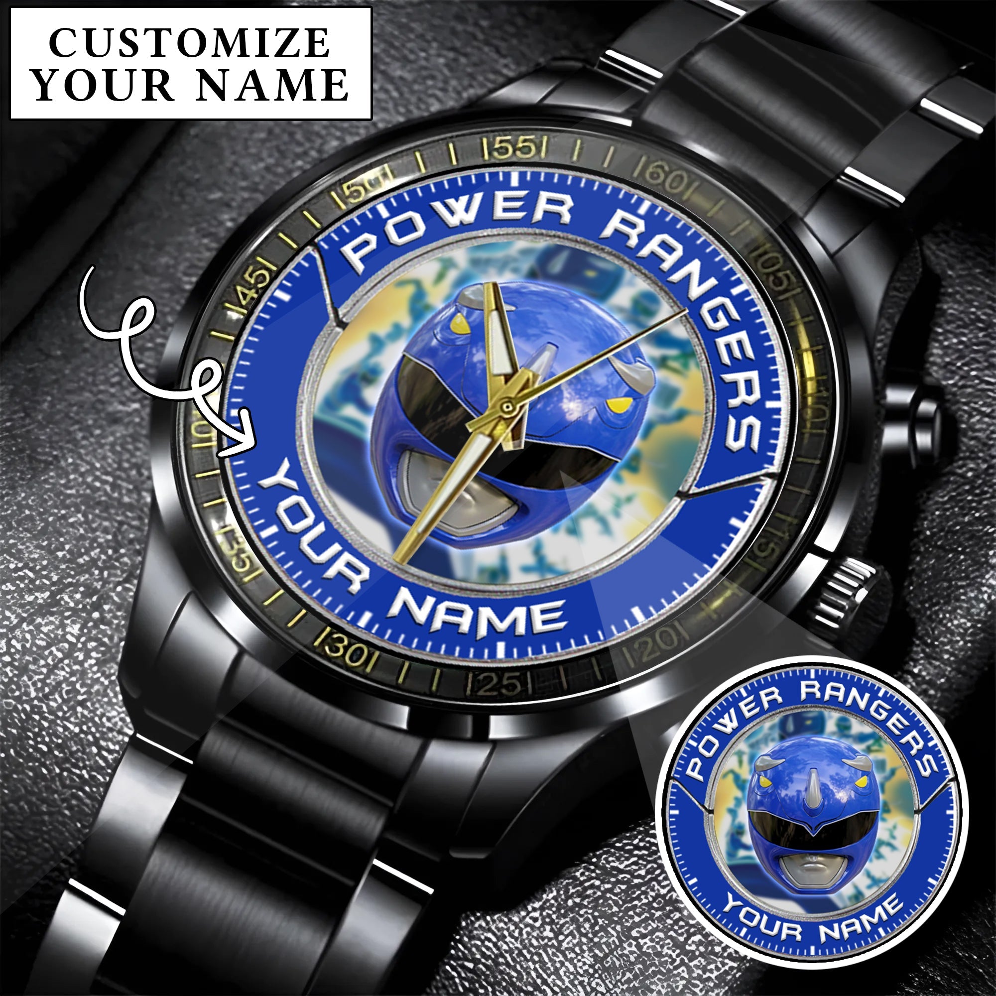 Mighty Morphin Power Rangers Blue Ranger Helmet Custom Name Watch