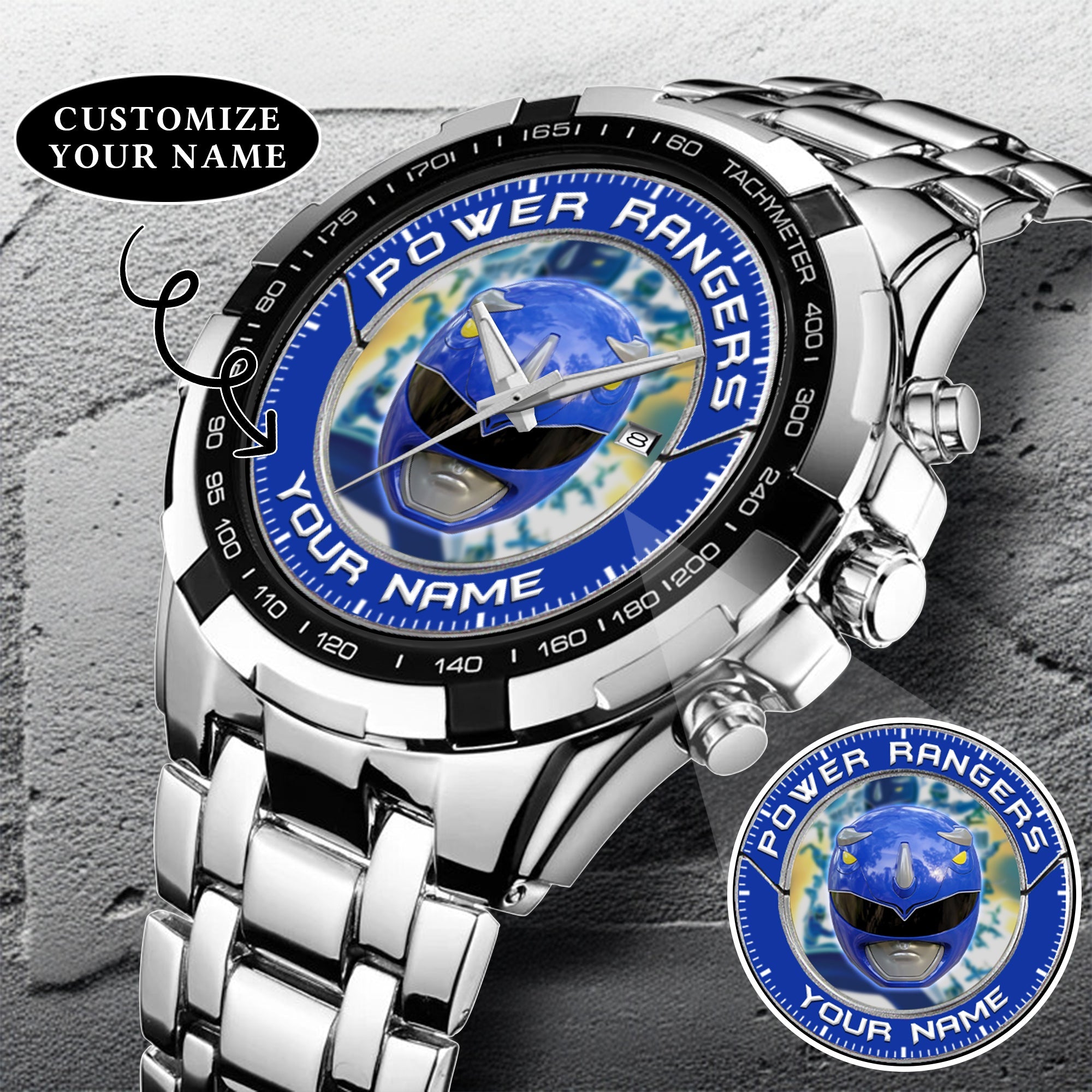 Mighty Morphin Power Rangers Blue Ranger Helmet Custom Name Watch