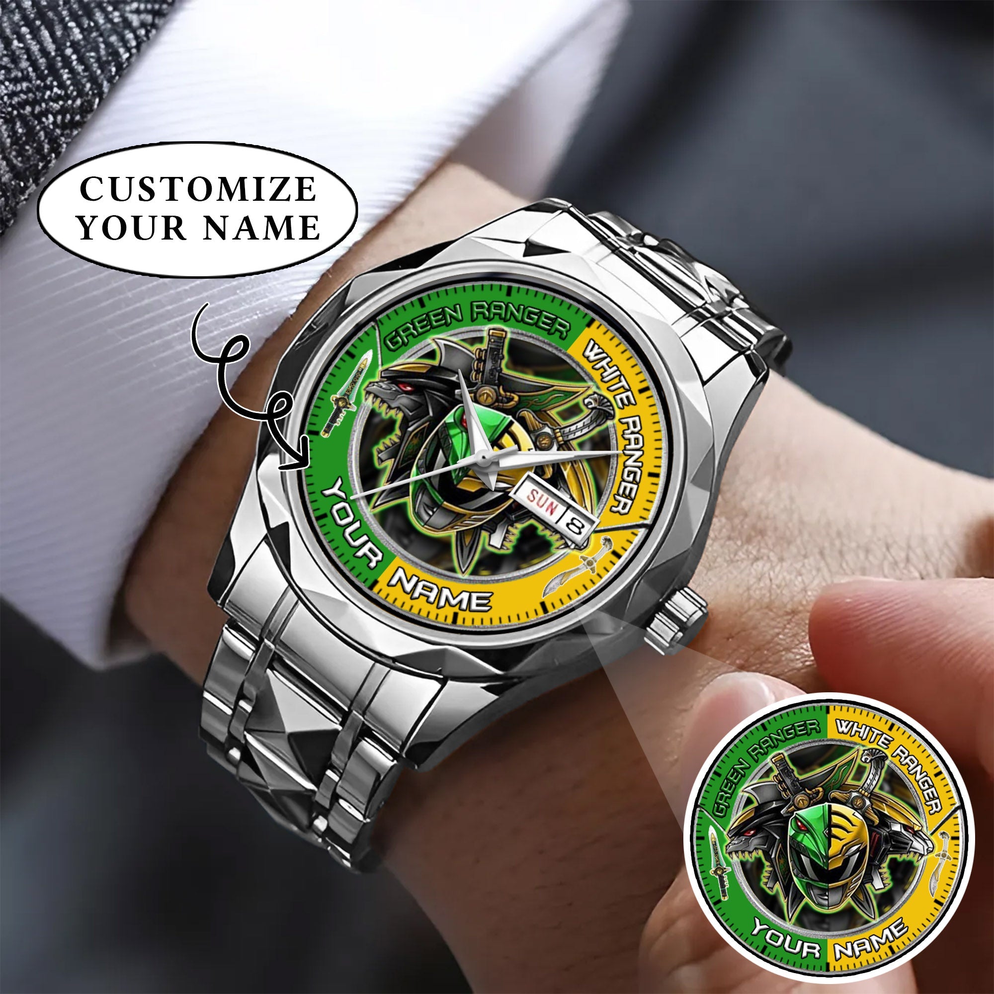 Mighty Morphin Power Rangers Green-White Ranger Tommy Oliver Custom Name Watch