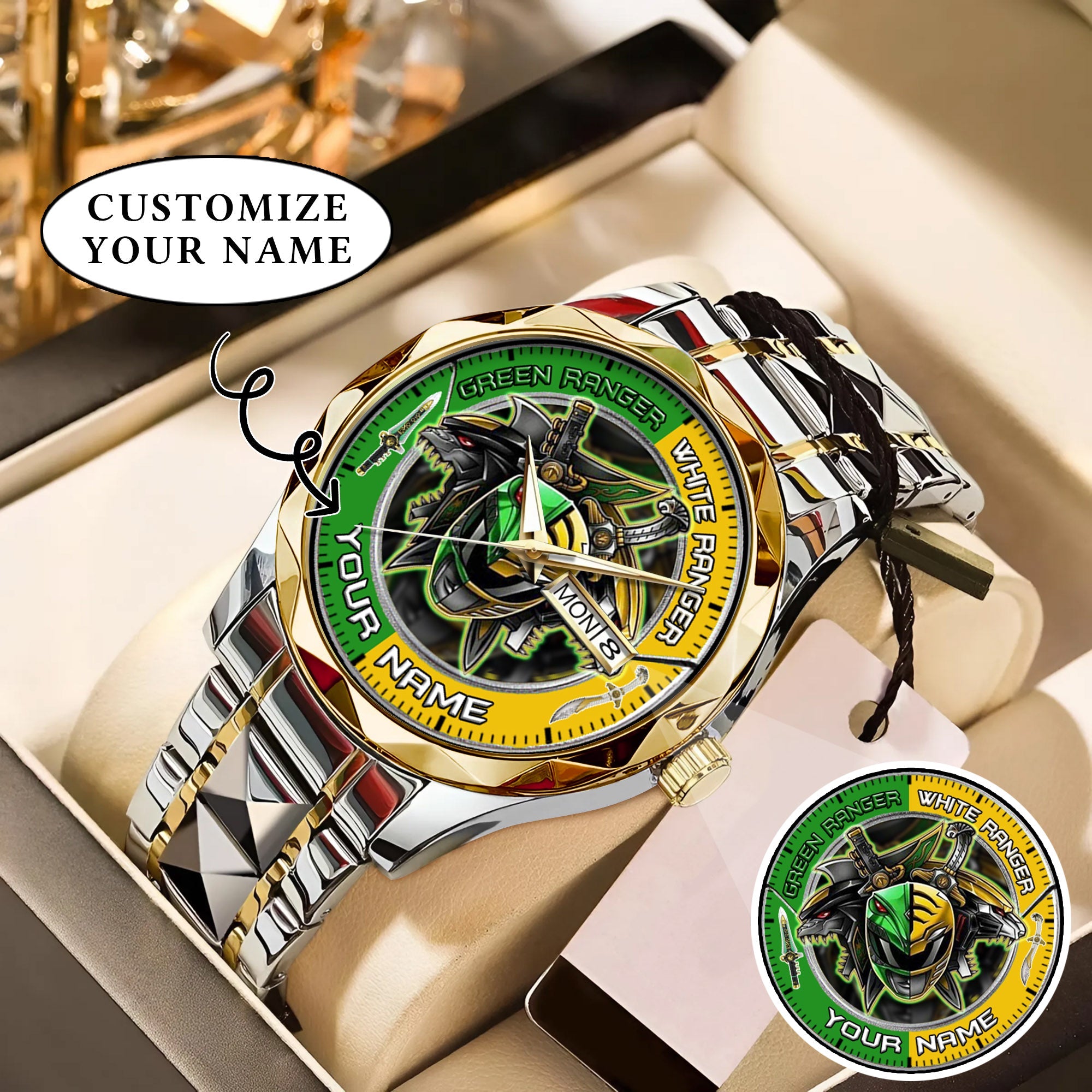 Mighty Morphin Power Rangers Green-White Ranger Tommy Oliver Custom Name Watch