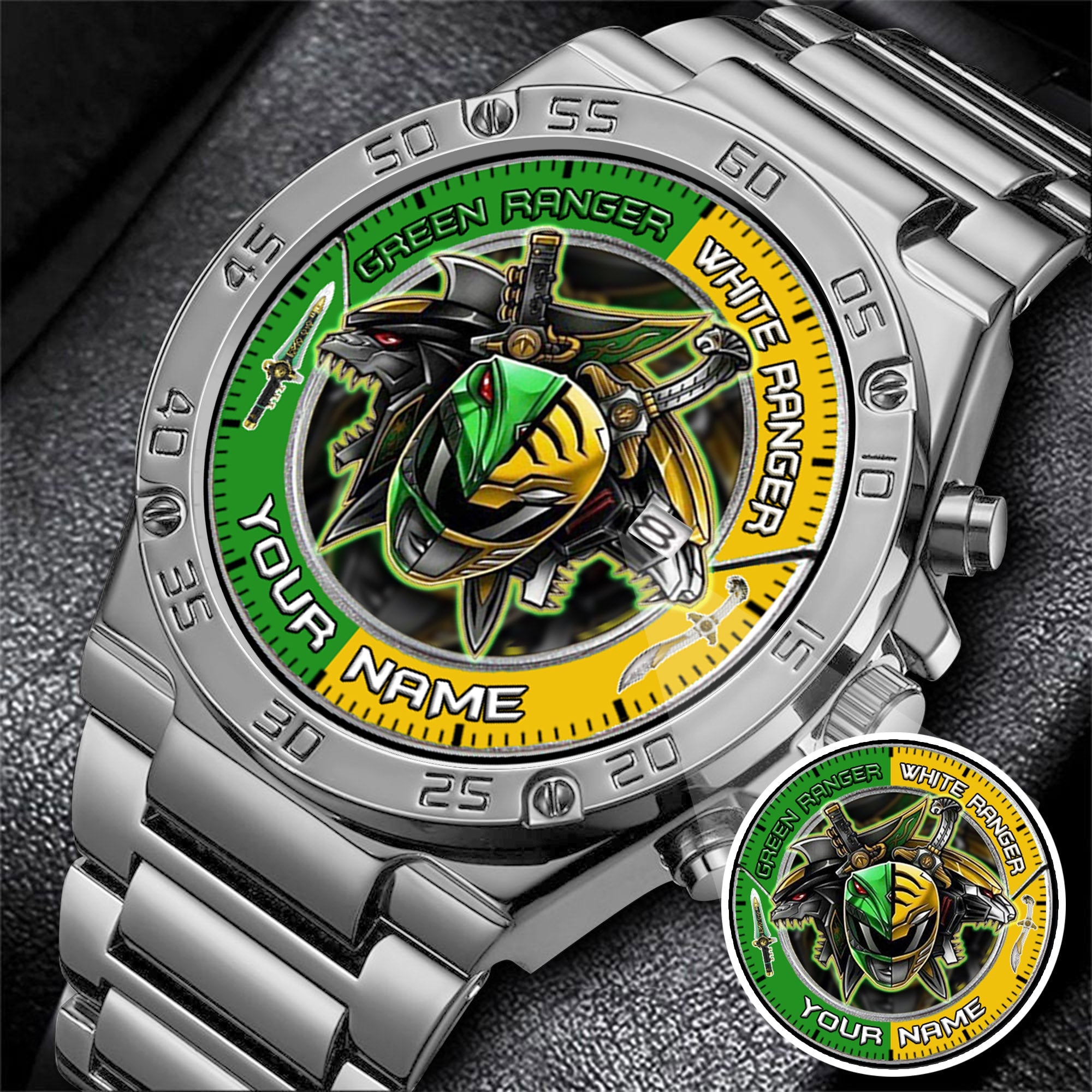 Mighty Morphin Power Rangers Green-White Ranger Tommy Oliver Custom Name Watch