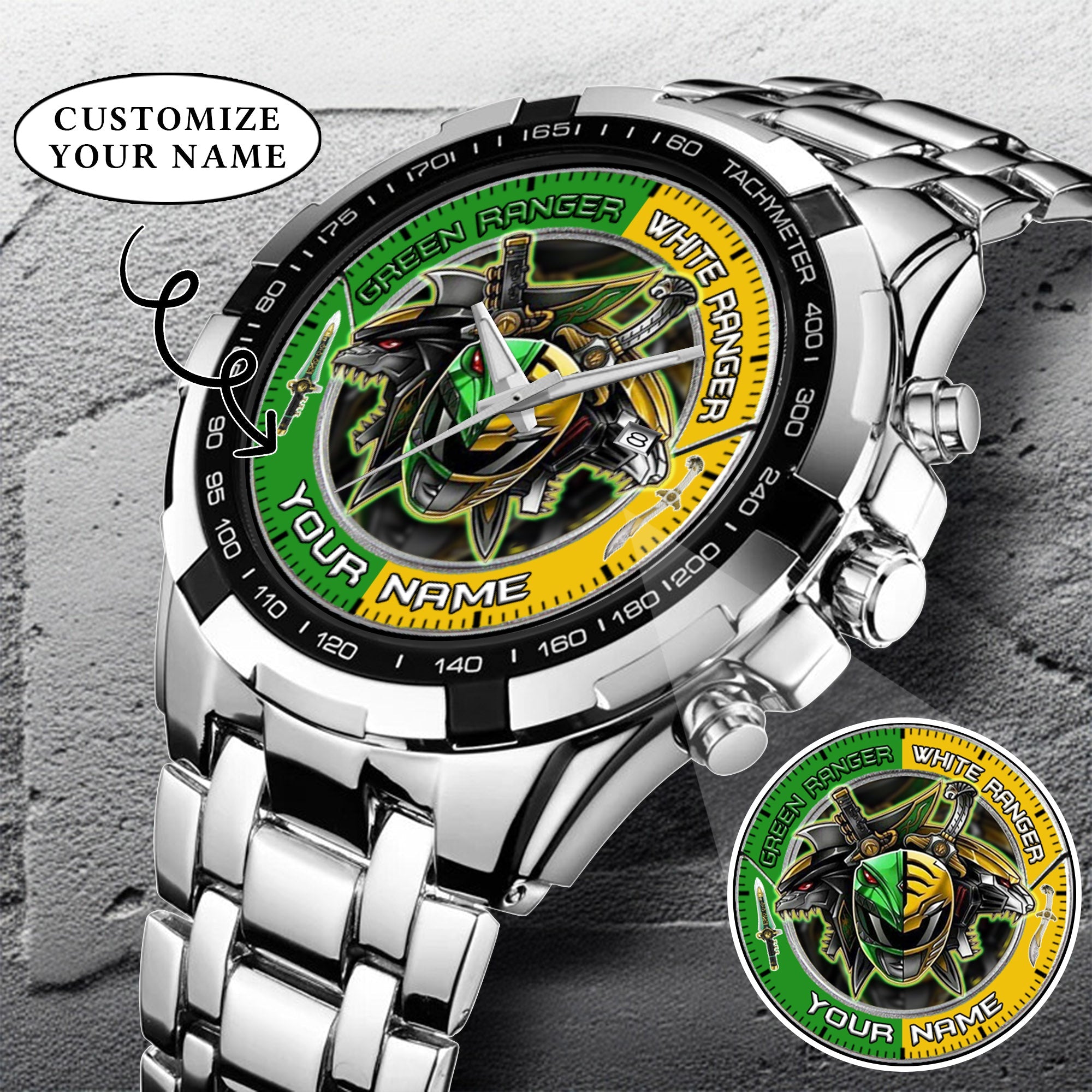 Mighty Morphin Power Rangers Green-White Ranger Tommy Oliver Custom Name Watch